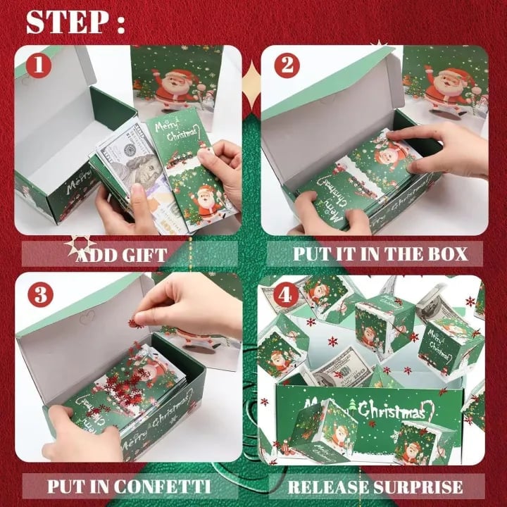 Four-step product guide showing cash added to a cube, cubes placed in the box, confetti added, and the pop-up reveal