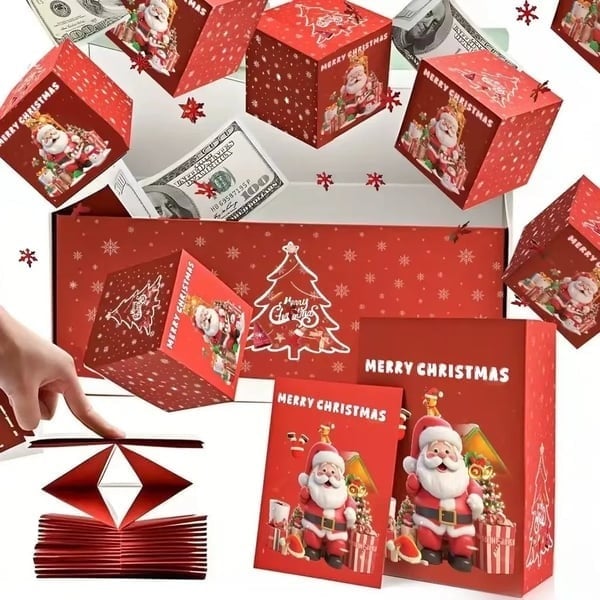 Red Merry Christmas surprise gift box and pop-up cube design