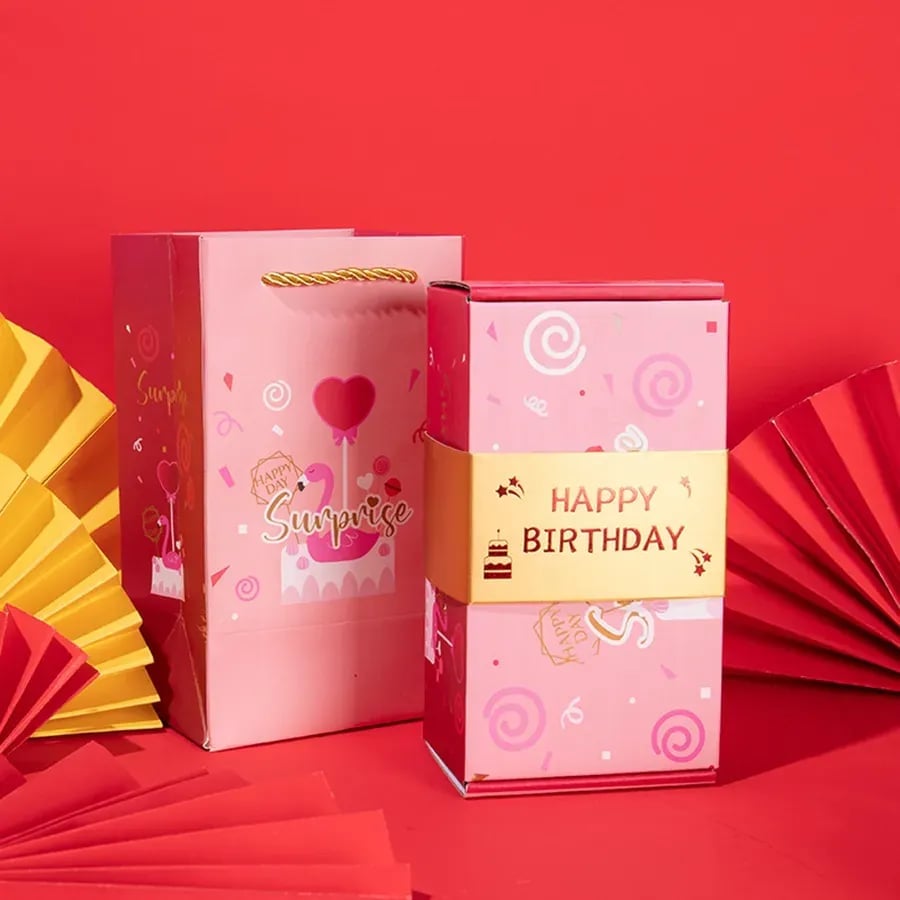 Pink Happy Birthday surprise box with matching gift bag