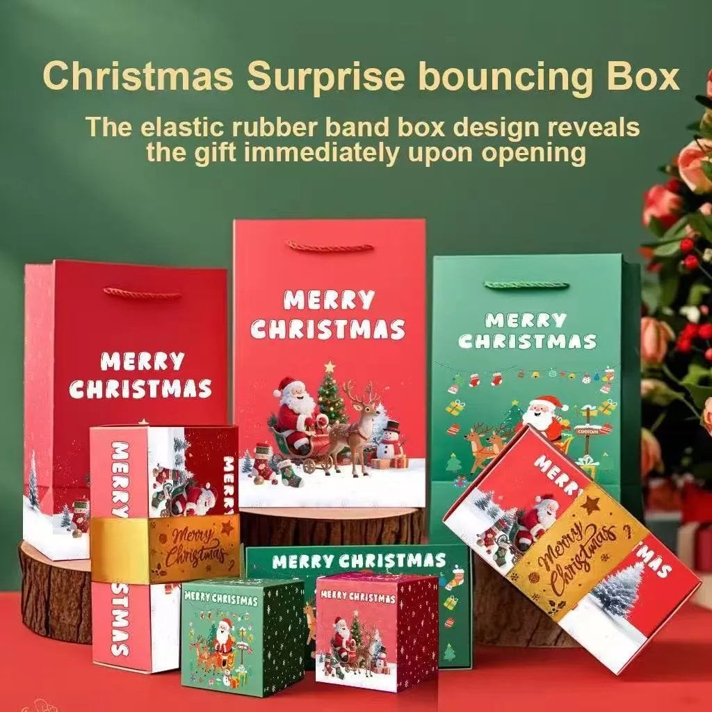 Christmas surprise box designs with matching bags and pop-up cubes in a festive display