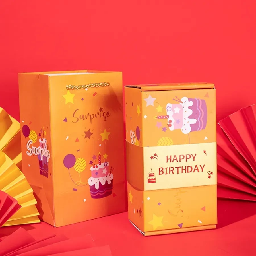Yellow Happy Birthday surprise box with matching gift bag