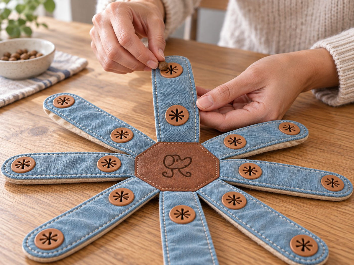 Hands placing a small food reward into a pocket on an open Dogtopus fabric arm