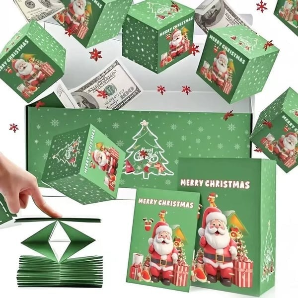 Green Merry Christmas surprise box with folded and expanded cubes, shown with example cash gifts